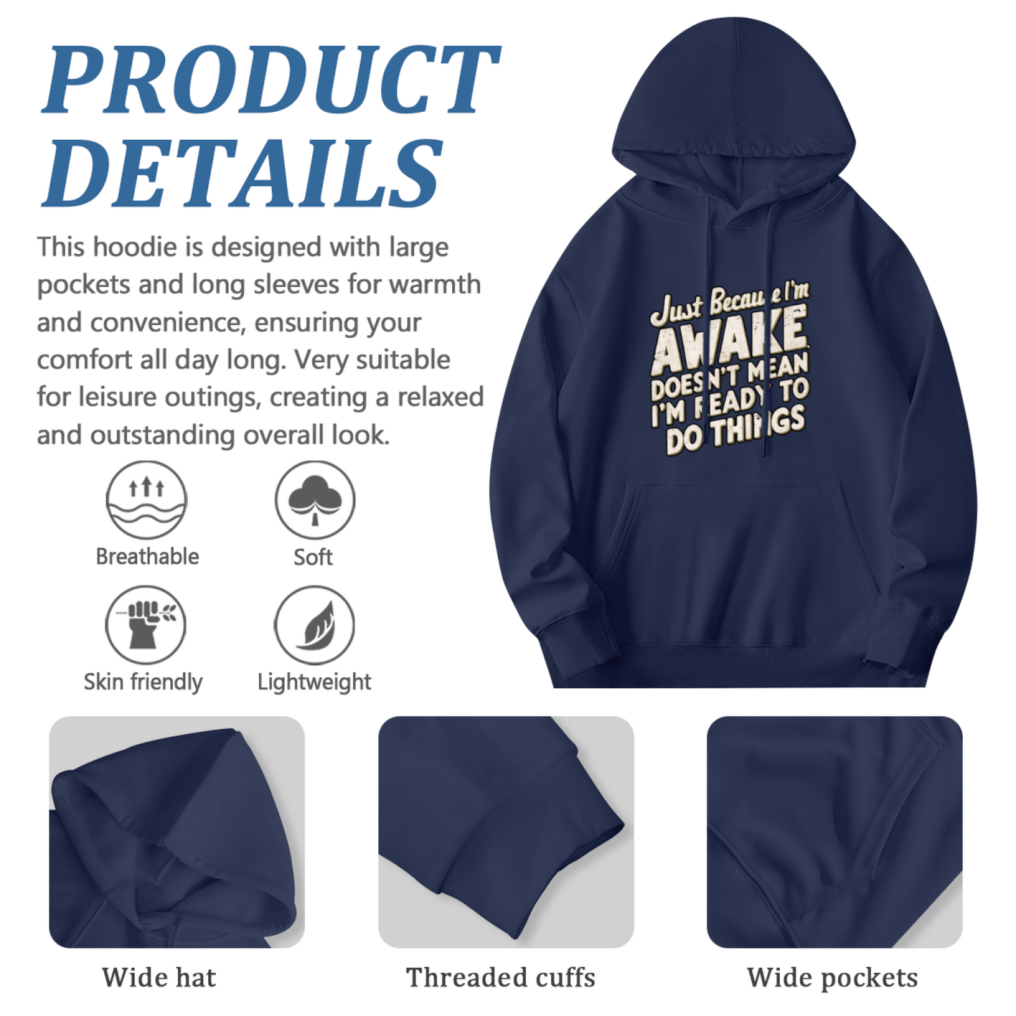 Lazy Mood Slogan Navy Hoodie, Ultra Comfort Daily Hooded Top