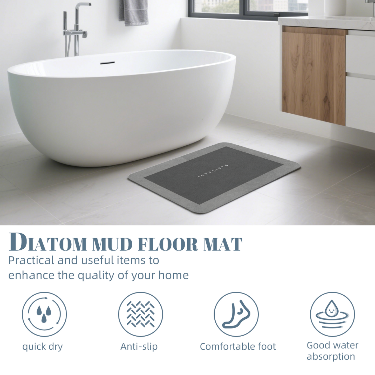 Minimalist IDEALISTS Grey Silicone Diatom Mat | Simple Neutral Bathroom Absorbent Rug