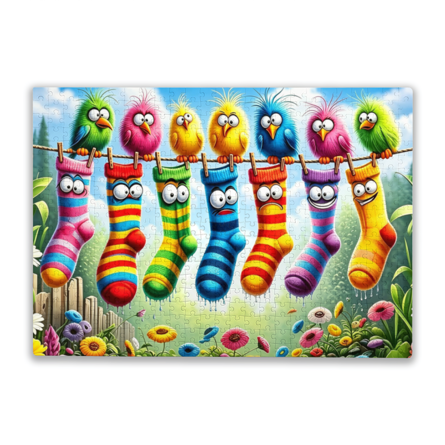 Funny Cartoon Birds & Rainbow Socks on Clothesline Jigsaw Puzzle | Bright Cute Whimsical Puzzle 300/500/1000 Pieces