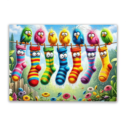 Funny Cartoon Birds & Rainbow Socks on Clothesline Jigsaw Puzzle | Bright Cute Whimsical Puzzle 300/500/1000 Pieces