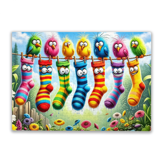 Funny Cartoon Birds & Rainbow Socks on Clothesline Jigsaw Puzzle | Bright Cute Whimsical Puzzle 300/500/1000 Pieces