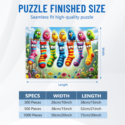 Funny Cartoon Birds & Rainbow Socks on Clothesline Jigsaw Puzzle | Bright Cute Whimsical Puzzle 300/500/1000 Pieces