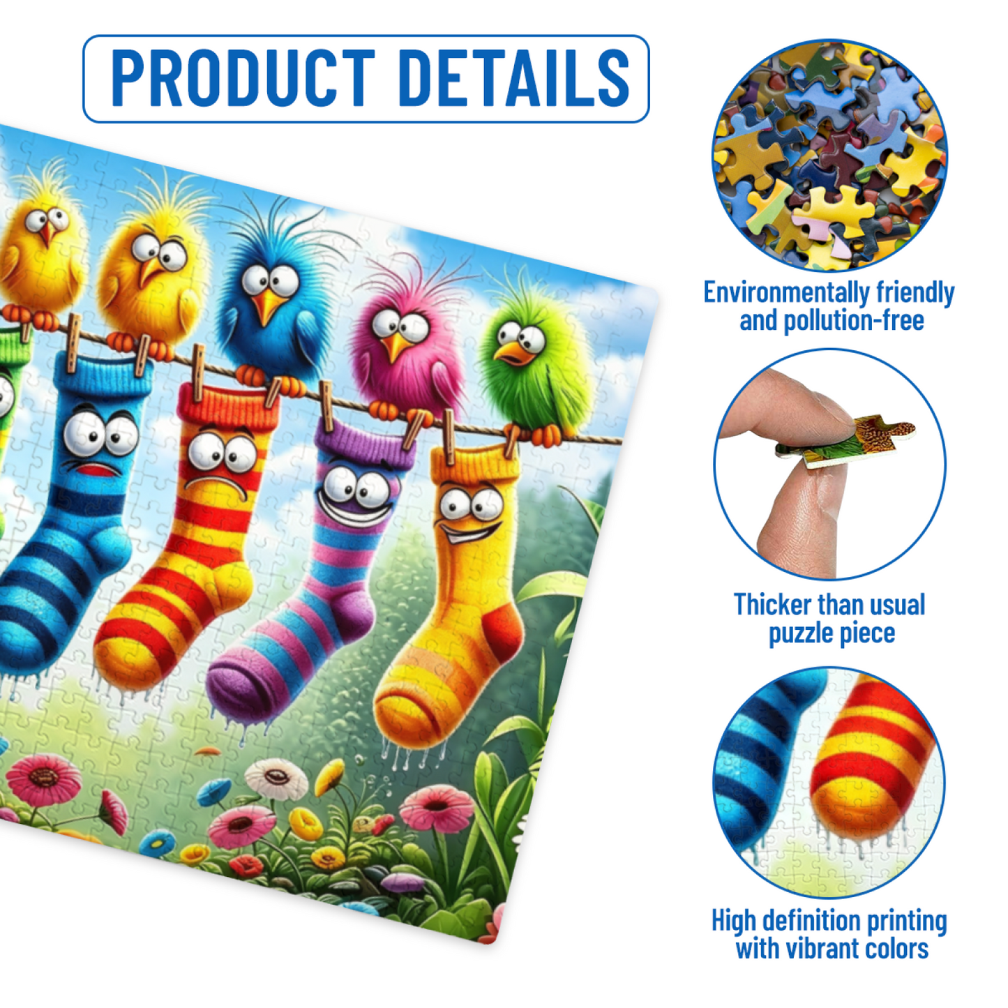 Funny Cartoon Birds & Rainbow Socks on Clothesline Jigsaw Puzzle | Bright Cute Whimsical Puzzle 300/500/1000 Pieces