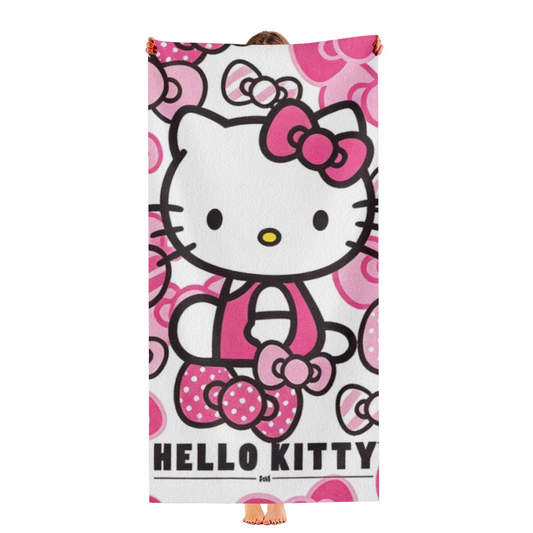 Classic Bow Pattern Hello Kitty White Base Cartoon Beach Towel, Multi Length Choices, Skin?Friendly Soft, Rapid Water Absorbing & Lovely Comfort for Girls Swimming Activities