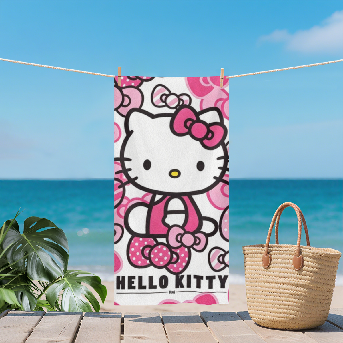 Classic Bow Pattern Hello Kitty White Base Cartoon Beach Towel, Multi Length Choices, Skin?Friendly Soft, Rapid Water Absorbing & Lovely Comfort for Girls Swimming Activities