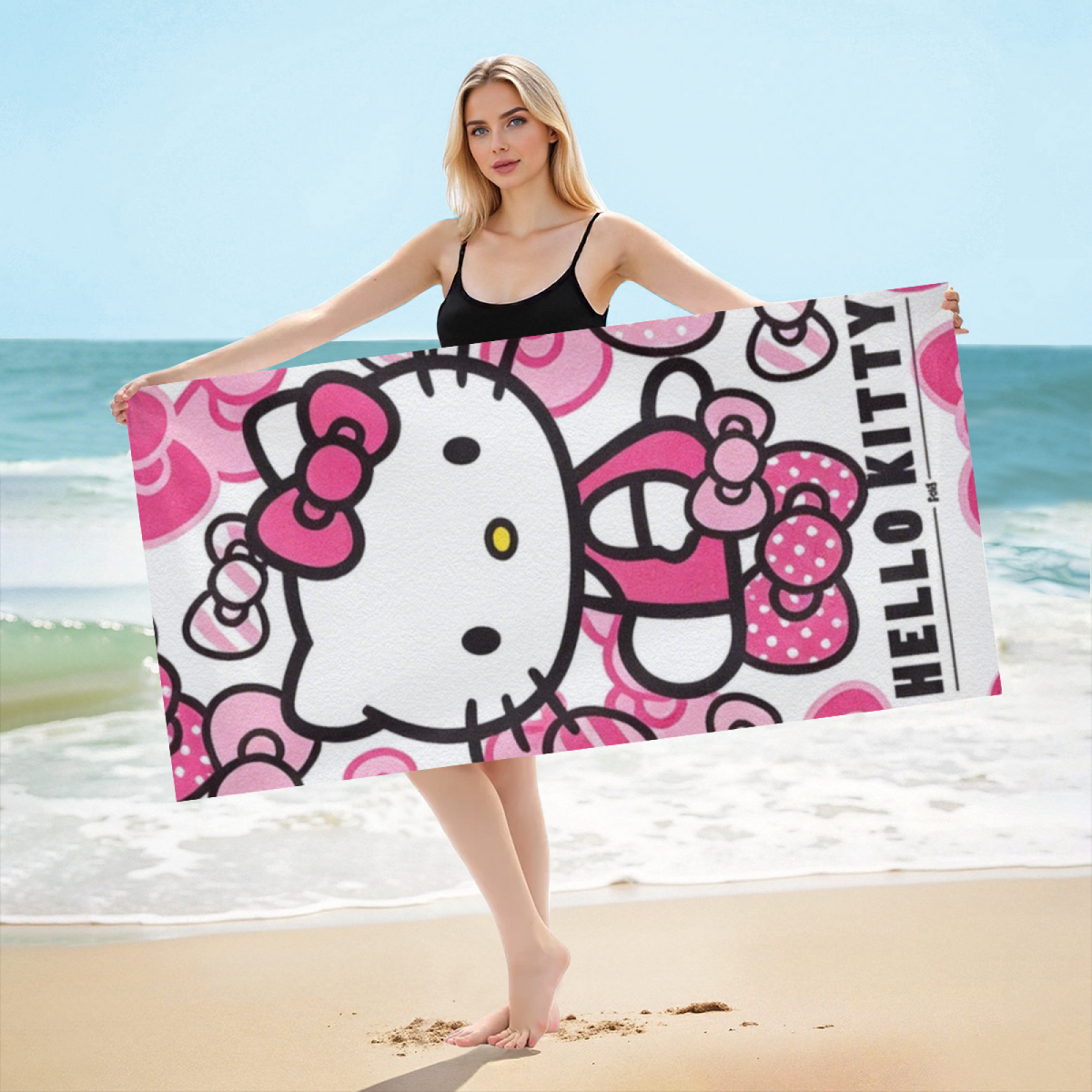 Classic Bow Pattern Hello Kitty White Base Cartoon Beach Towel, Multi Length Choices, Skin?Friendly Soft, Rapid Water Absorbing & Lovely Comfort for Girls Swimming Activities