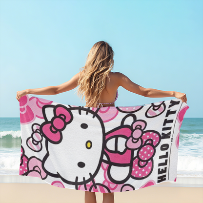 Classic Bow Pattern Hello Kitty White Base Cartoon Beach Towel, Multi Length Choices, Skin?Friendly Soft, Rapid Water Absorbing & Lovely Comfort for Girls Swimming Activities