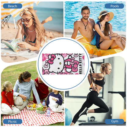 Classic Bow Pattern Hello Kitty White Base Cartoon Beach Towel, Multi Length Choices, Skin?Friendly Soft, Rapid Water Absorbing & Lovely Comfort for Girls Swimming Activities