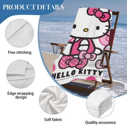 Classic Bow Pattern Hello Kitty White Base Cartoon Beach Towel, Multi Length Choices, Skin?Friendly Soft, Rapid Water Absorbing & Lovely Comfort for Girls Swimming Activities