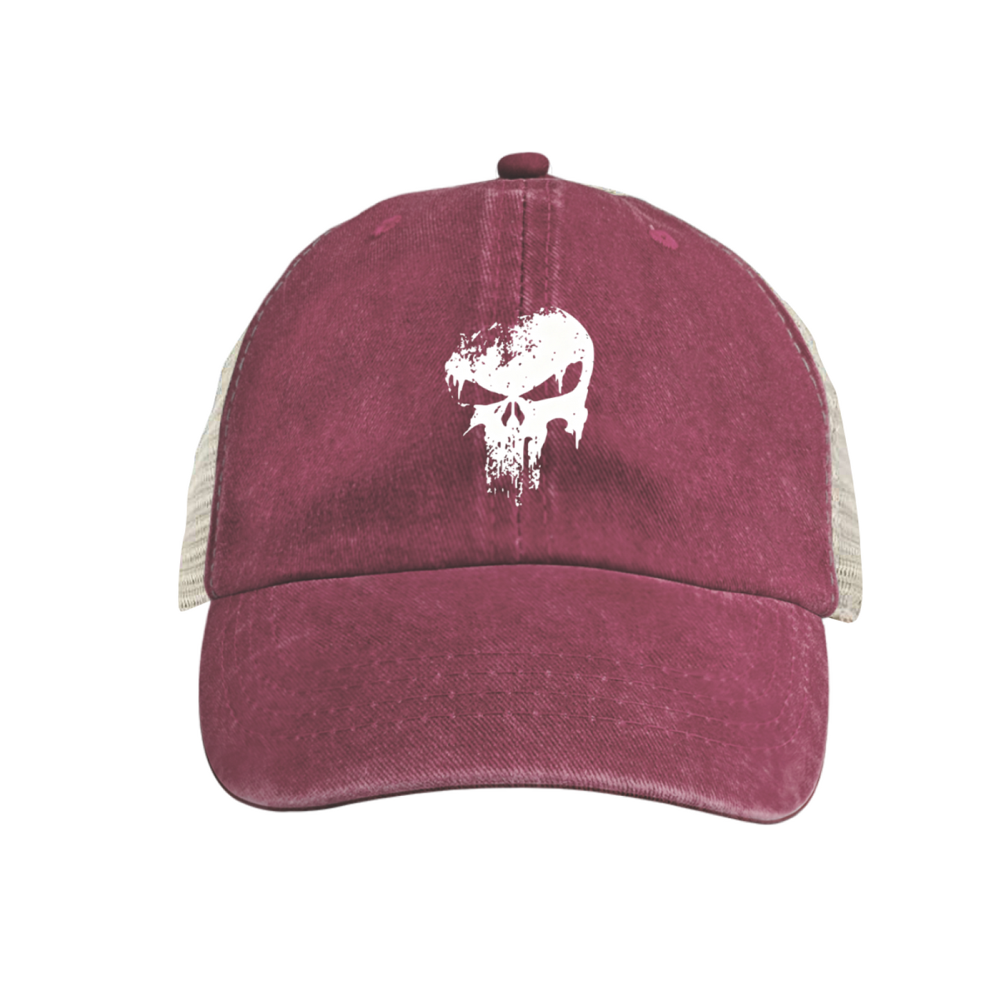 Distressed Grunge Skull Graphic Maroon Vintage Mesh Trucker Hat ¨C Edgy Street Style Cap