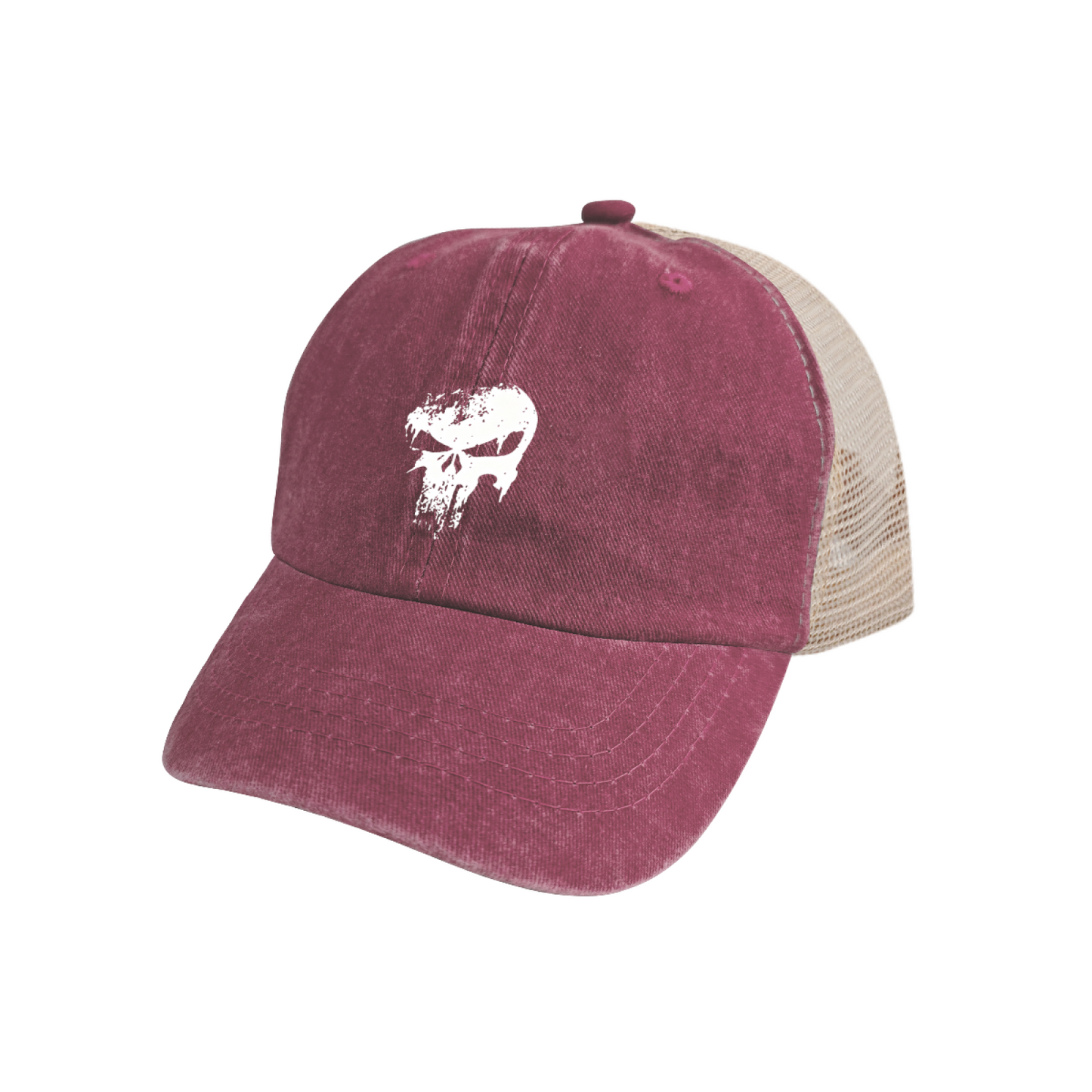 Distressed Grunge Skull Graphic Maroon Vintage Mesh Trucker Hat ¨C Edgy Street Style Cap
