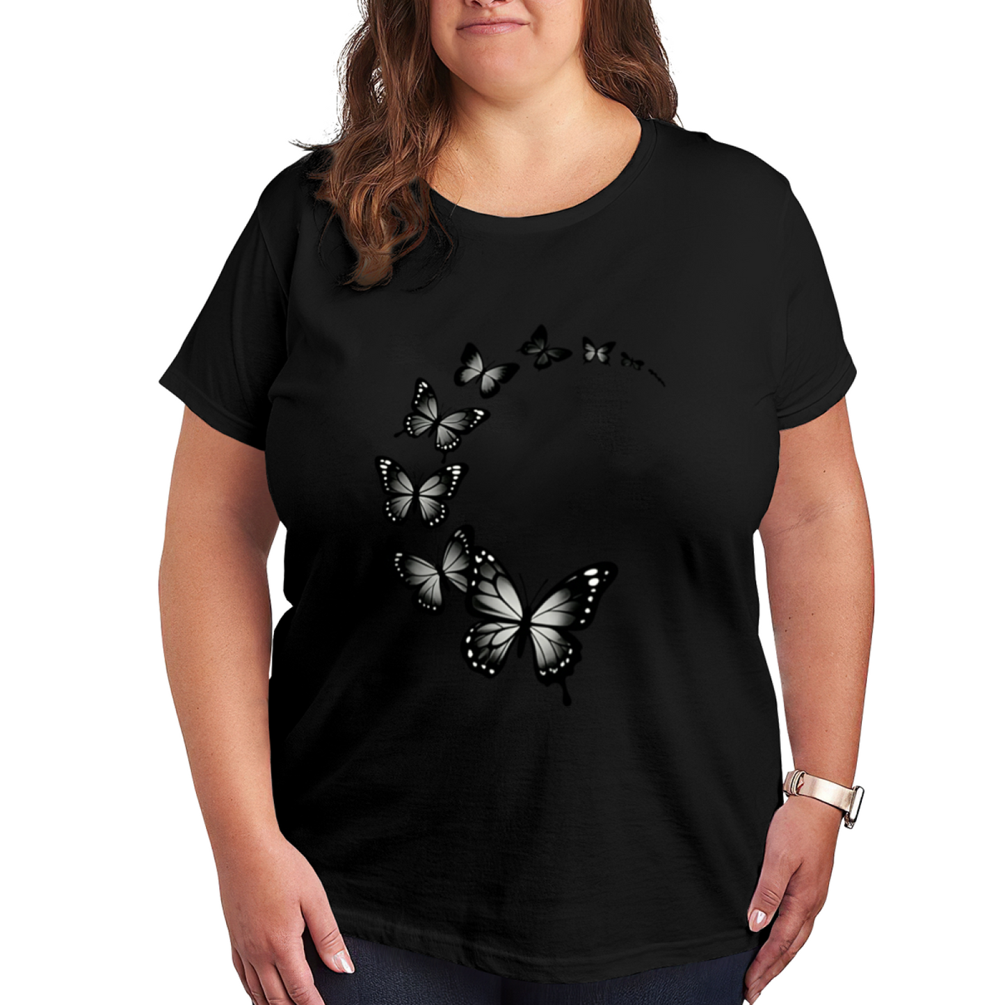Minimalist Gradient Black Flying Butterfly Elegant Plus Size Women Printed T-Shirt