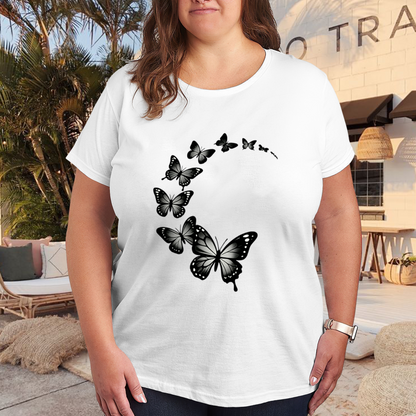 Minimalist Gradient Black Flying Butterfly Elegant Plus Size Women Printed T-Shirt