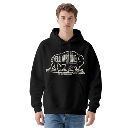 Vintage Yellowstone Bison Navy Hoodie, National Park Cozy Outdoor Sweatshirt