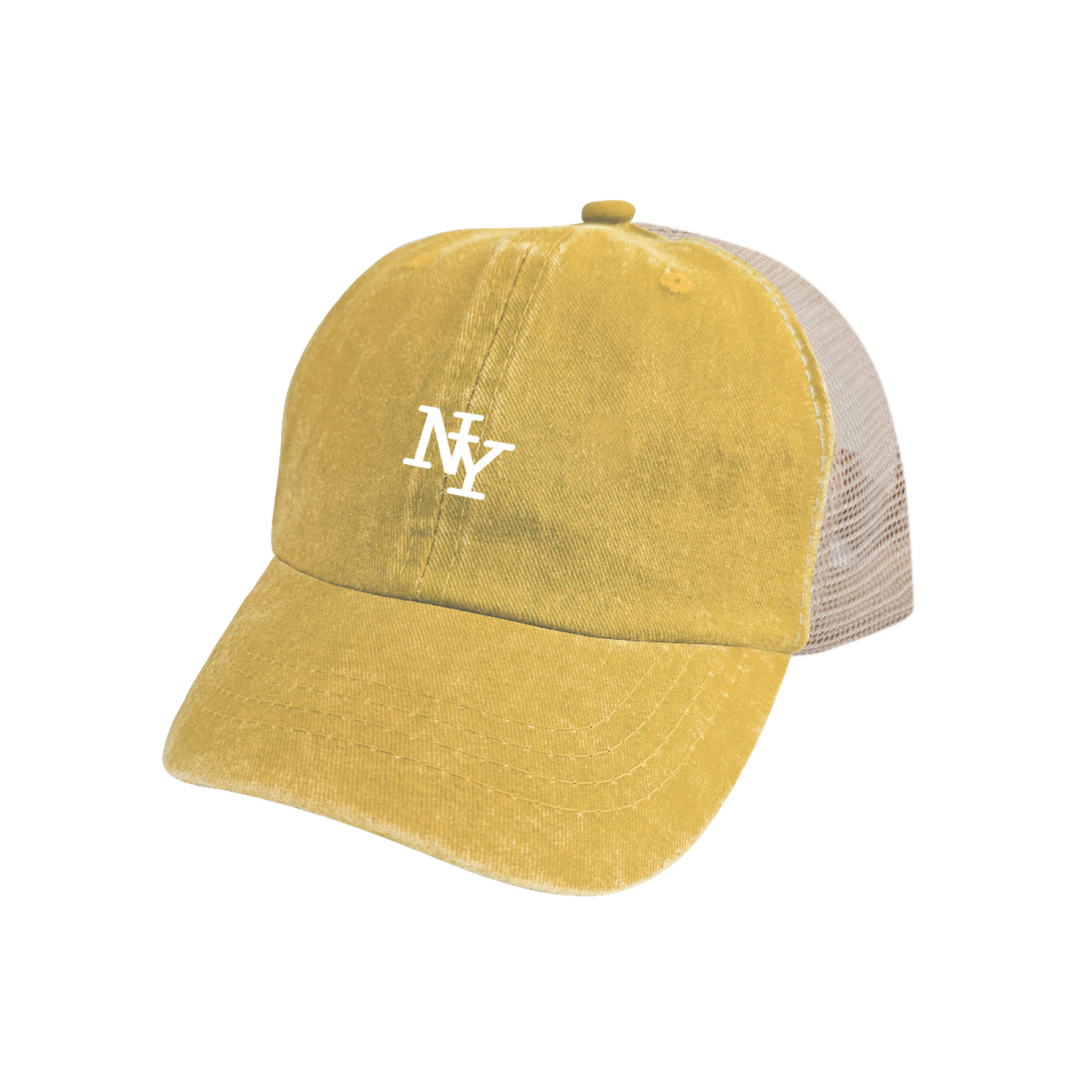 NY City Retro Logo Mustard Yellow Washed Mesh Trucker Hat, Urban Streetwear Adjustable Snapback Hat