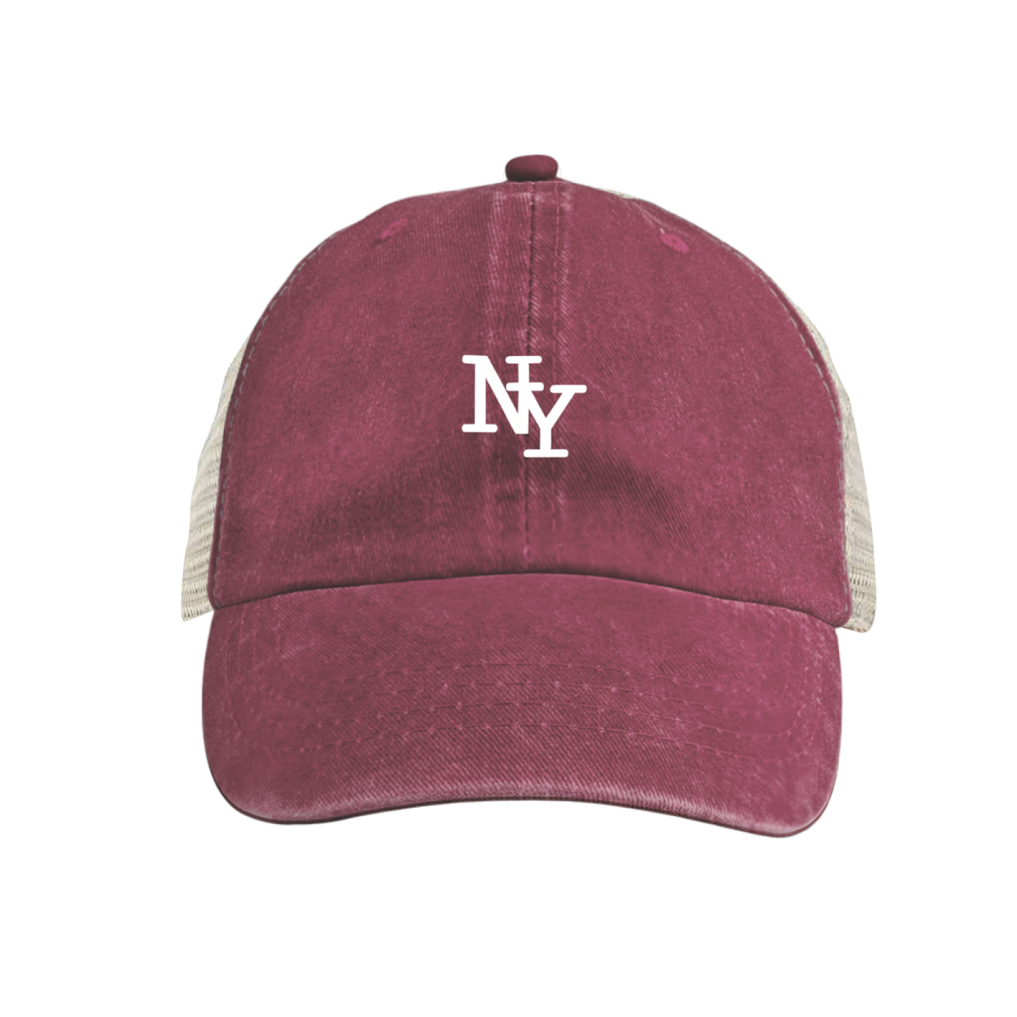 NY City Retro Logo Mustard Yellow Washed Mesh Trucker Hat, Urban Streetwear Adjustable Snapback Hat