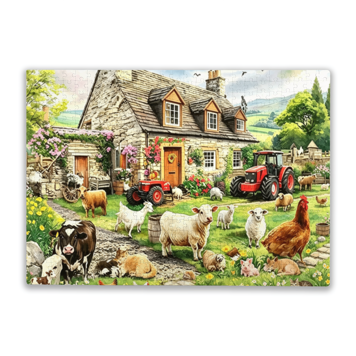 Cozy British Stone Farmhouse & Farm Animals Jigsaw Puzzle | Rural Countryside Cottage Puzzle 300/500/1000 Pieces