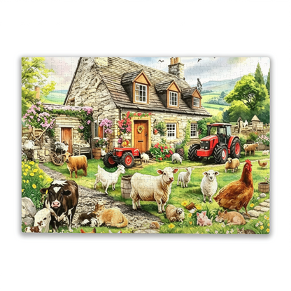 Cozy British Stone Farmhouse & Farm Animals Jigsaw Puzzle | Rural Countryside Cottage Puzzle 300/500/1000 Pieces