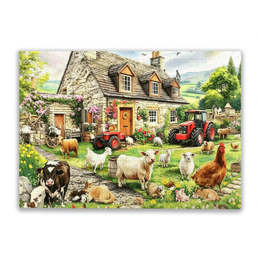 Cozy British Stone Farmhouse & Farm Animals Jigsaw Puzzle | Rural Countryside Cottage Puzzle 300/500/1000 Pieces