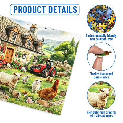Cozy British Stone Farmhouse & Farm Animals Jigsaw Puzzle | Rural Countryside Cottage Puzzle 300/500/1000 Pieces