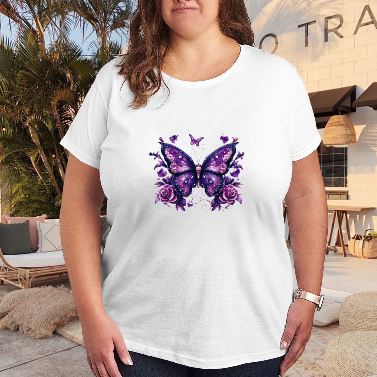 Glam Purple Diamond Butterfly Rose Plus Size Women¡¯s T-Shirt