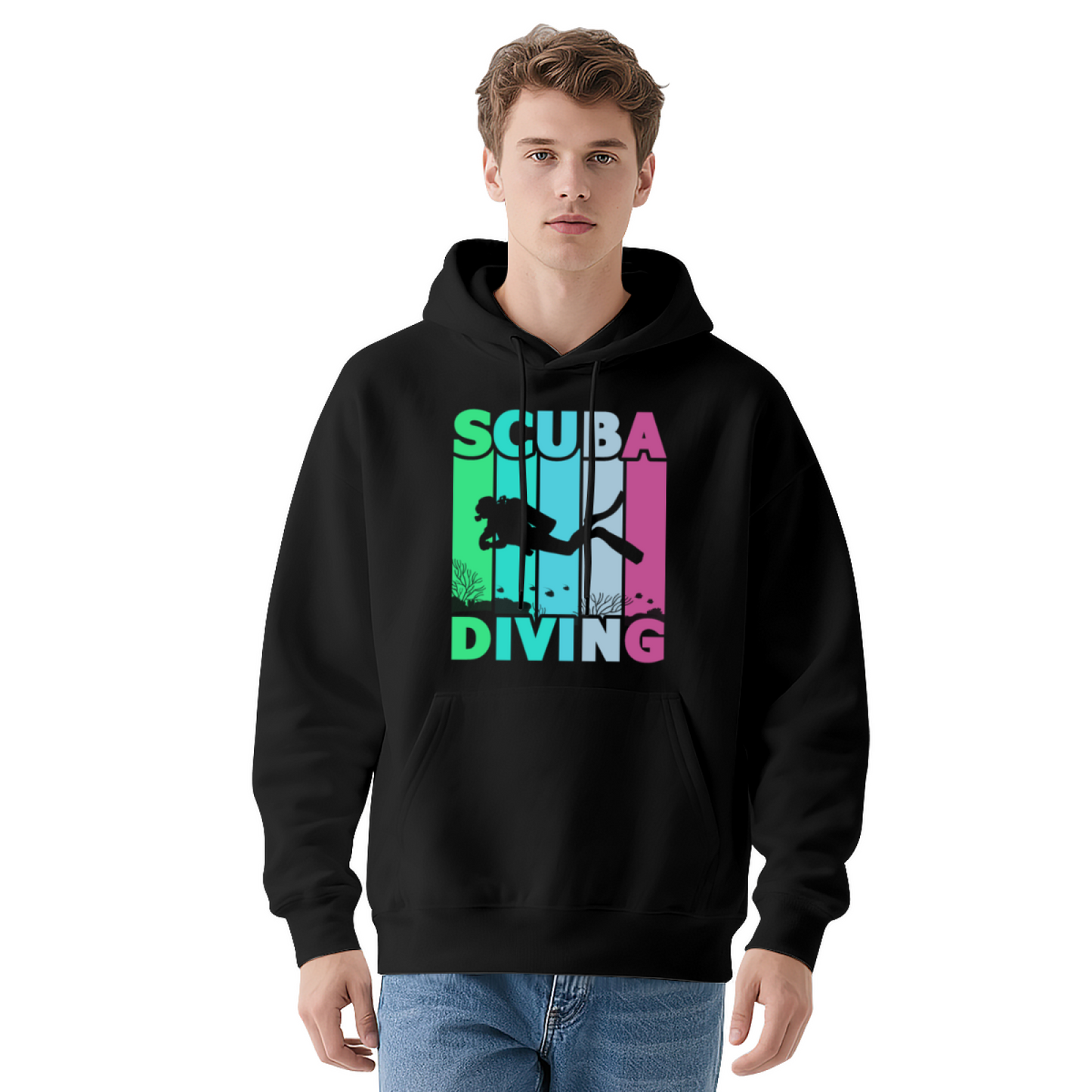 Retro Colorful Scuba Diving Silhouette Hoodie, Comfortable Black Leisure Hoodie For Divers