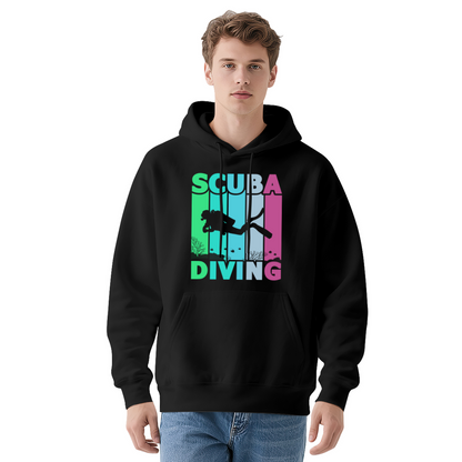 Retro Colorful Scuba Diving Silhouette Hoodie, Comfortable Black Leisure Hoodie For Divers