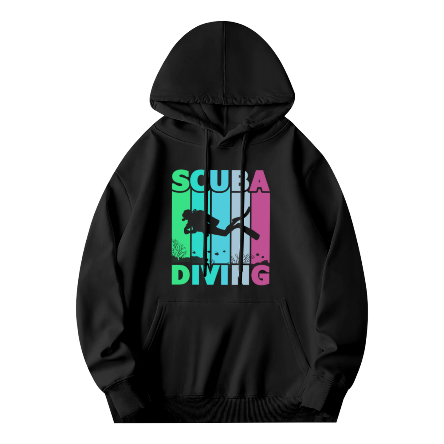 Retro Colorful Scuba Diving Silhouette Hoodie, Comfortable Black Leisure Hoodie For Divers