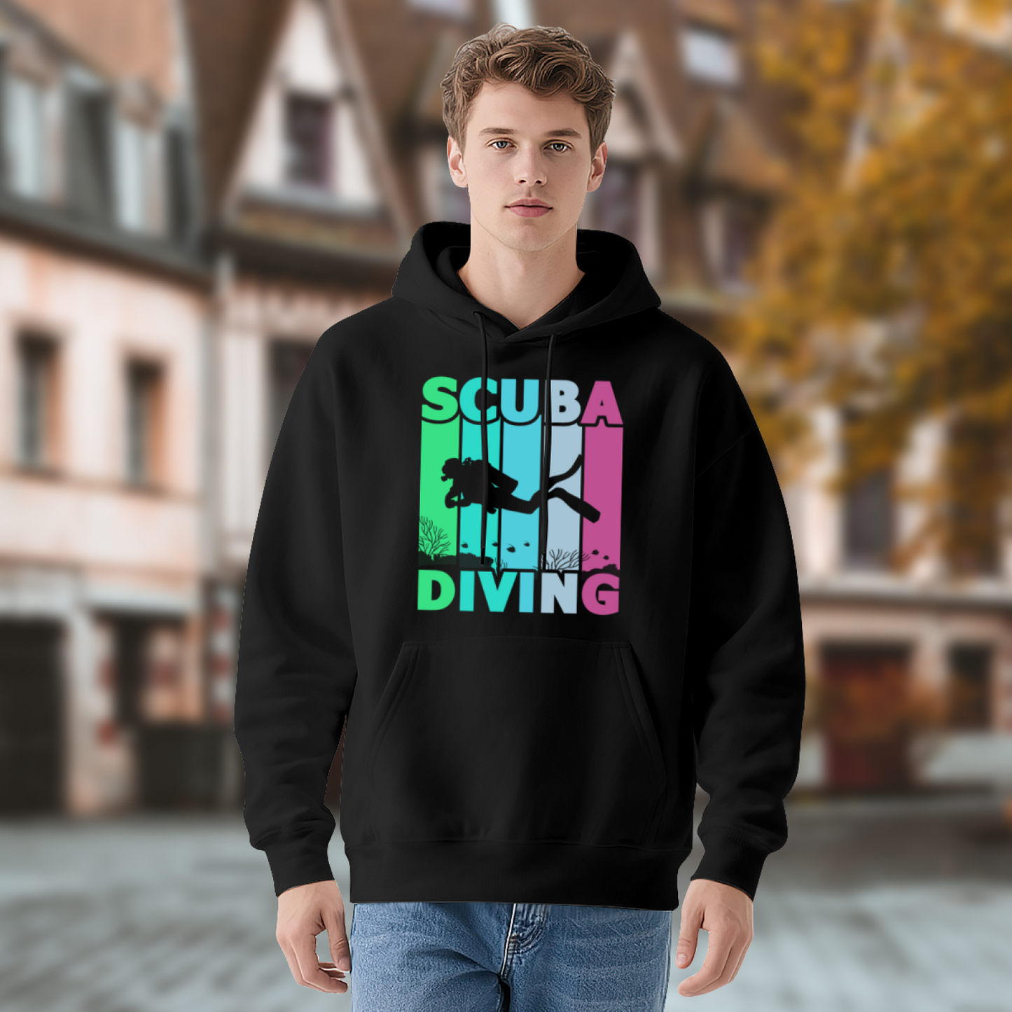 Retro Colorful Scuba Diving Silhouette Hoodie, Comfortable Black Leisure Hoodie For Divers