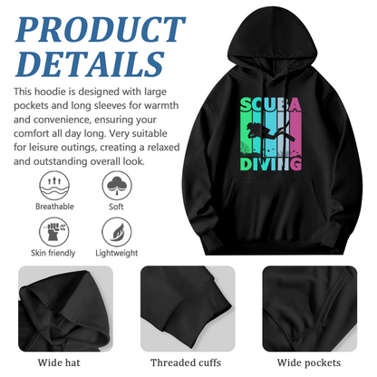 Retro Colorful Scuba Diving Silhouette Hoodie, Comfortable Black Leisure Hoodie For Divers