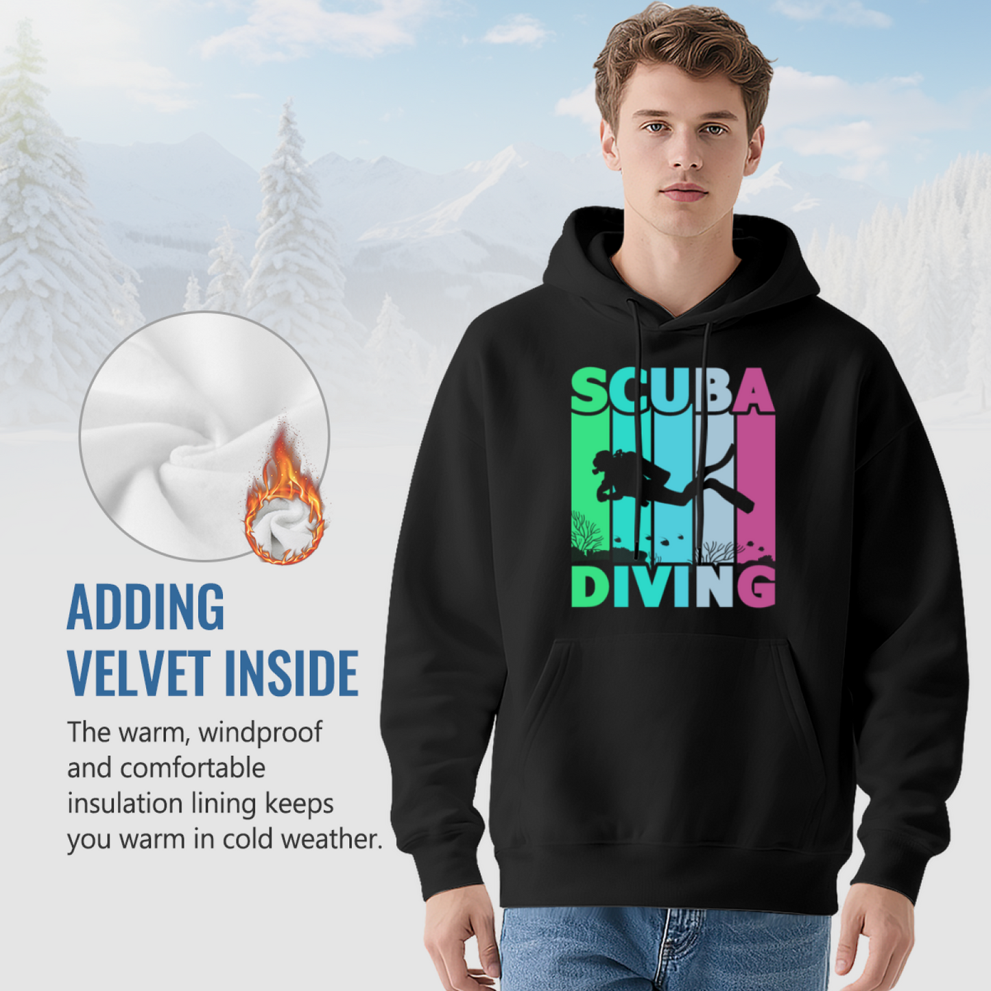 Retro Colorful Scuba Diving Silhouette Hoodie, Comfortable Black Leisure Hoodie For Divers
