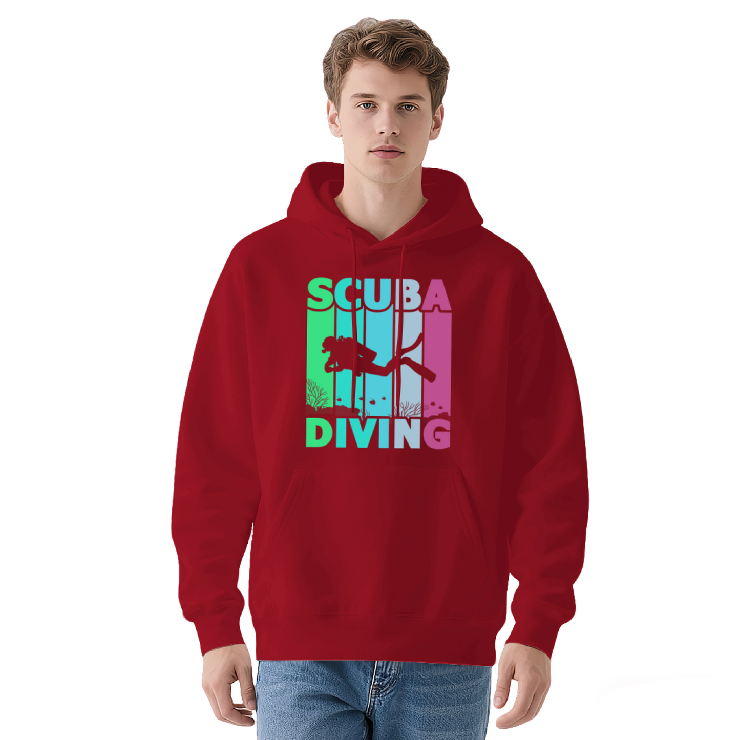 Retro Colorful Scuba Diving Silhouette Hoodie, Comfortable Black Leisure Hoodie For Divers