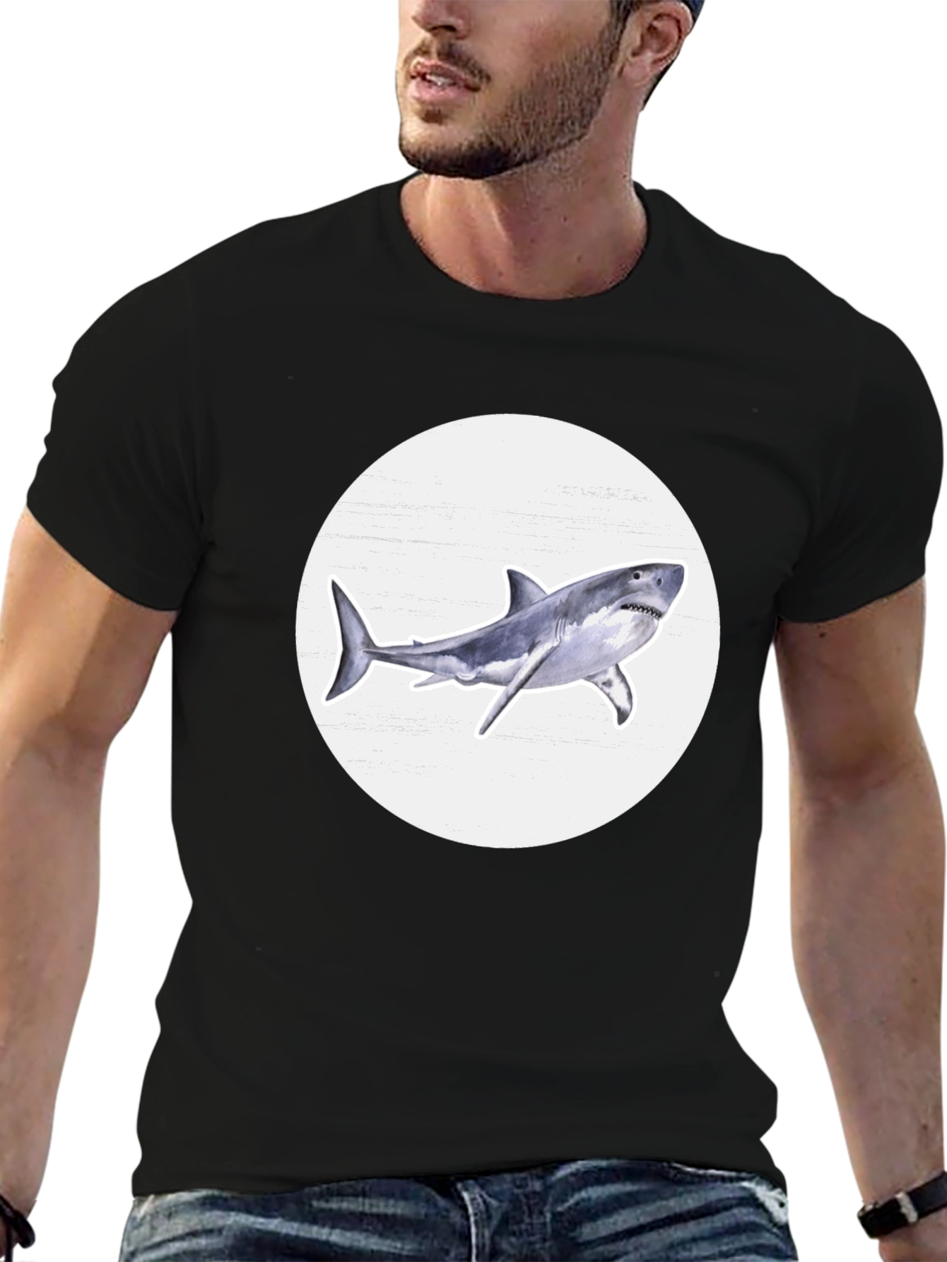 Shark Graphic Print Black Crew Neck T-Shirt