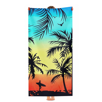 Tropical Palm Tree Sunset Surfer Silhouette Beach Towel, Multi Length Options, Plush Cozy, Quick Dry & High Absorbency for Summer Outdoor Trips