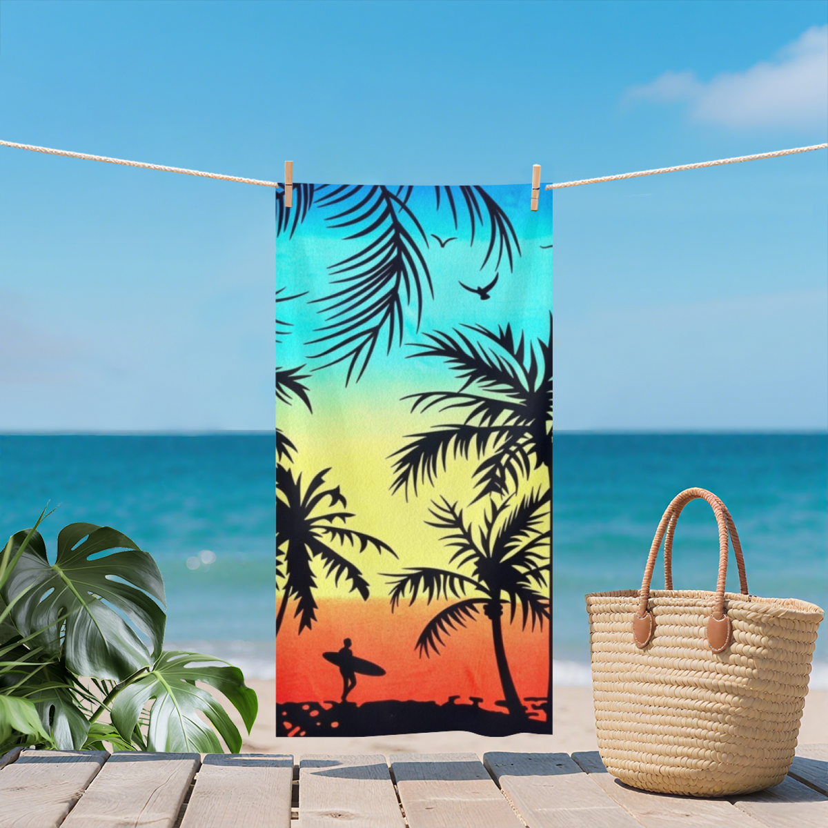 Tropical Palm Tree Sunset Surfer Silhouette Beach Towel, Multi Length Options, Plush Cozy, Quick Dry & High Absorbency for Summer Outdoor Trips