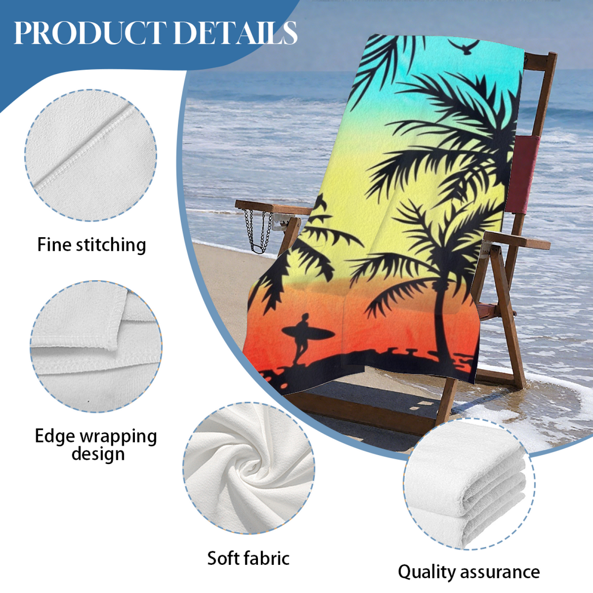 Tropical Palm Tree Sunset Surfer Silhouette Beach Towel, Multi Length Options, Plush Cozy, Quick Dry & High Absorbency for Summer Outdoor Trips