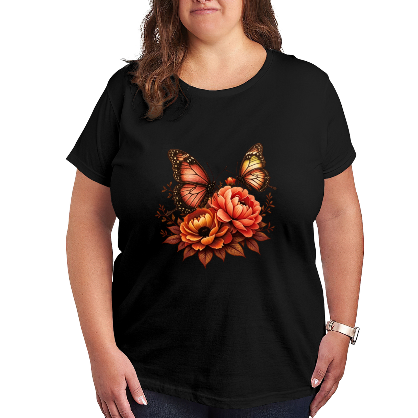 Warm Autumn Orange Butterfly & Peony Floral Vintage Print Plus Size Women¡¯s T-Shirt