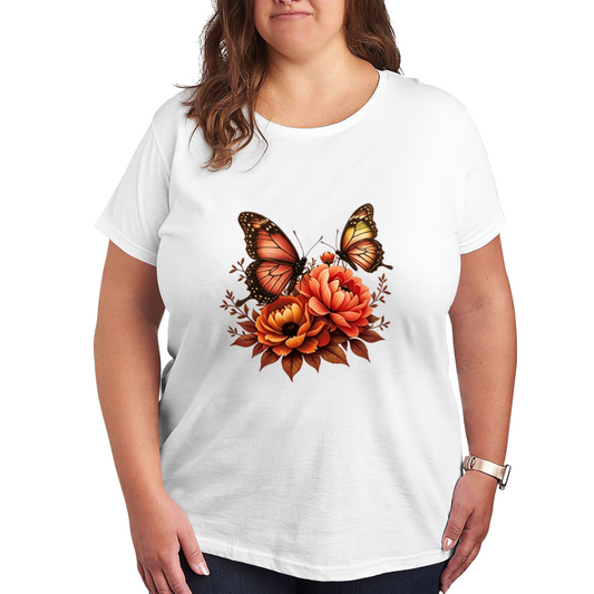Warm Autumn Orange Butterfly & Peony Floral Vintage Print Plus Size Women¡¯s T-Shirt