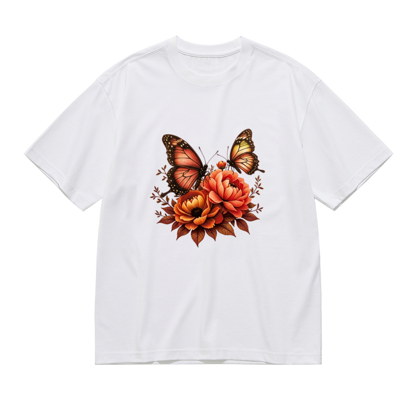 Warm Autumn Orange Butterfly & Peony Floral Vintage Print Plus Size Women¡¯s T-Shirt