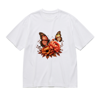Warm Autumn Orange Butterfly & Peony Floral Vintage Print Plus Size Women¡¯s T-Shirt