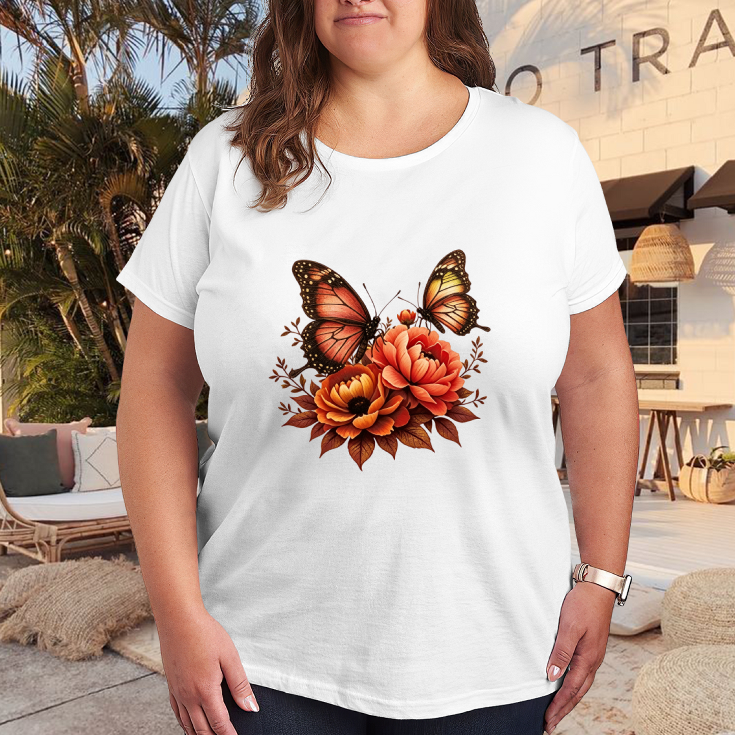 Warm Autumn Orange Butterfly & Peony Floral Vintage Print Plus Size Women¡¯s T-Shirt