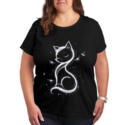 Dreamy Glowing White Cat & Butterflies Print Plus Size Women T-Shirt
