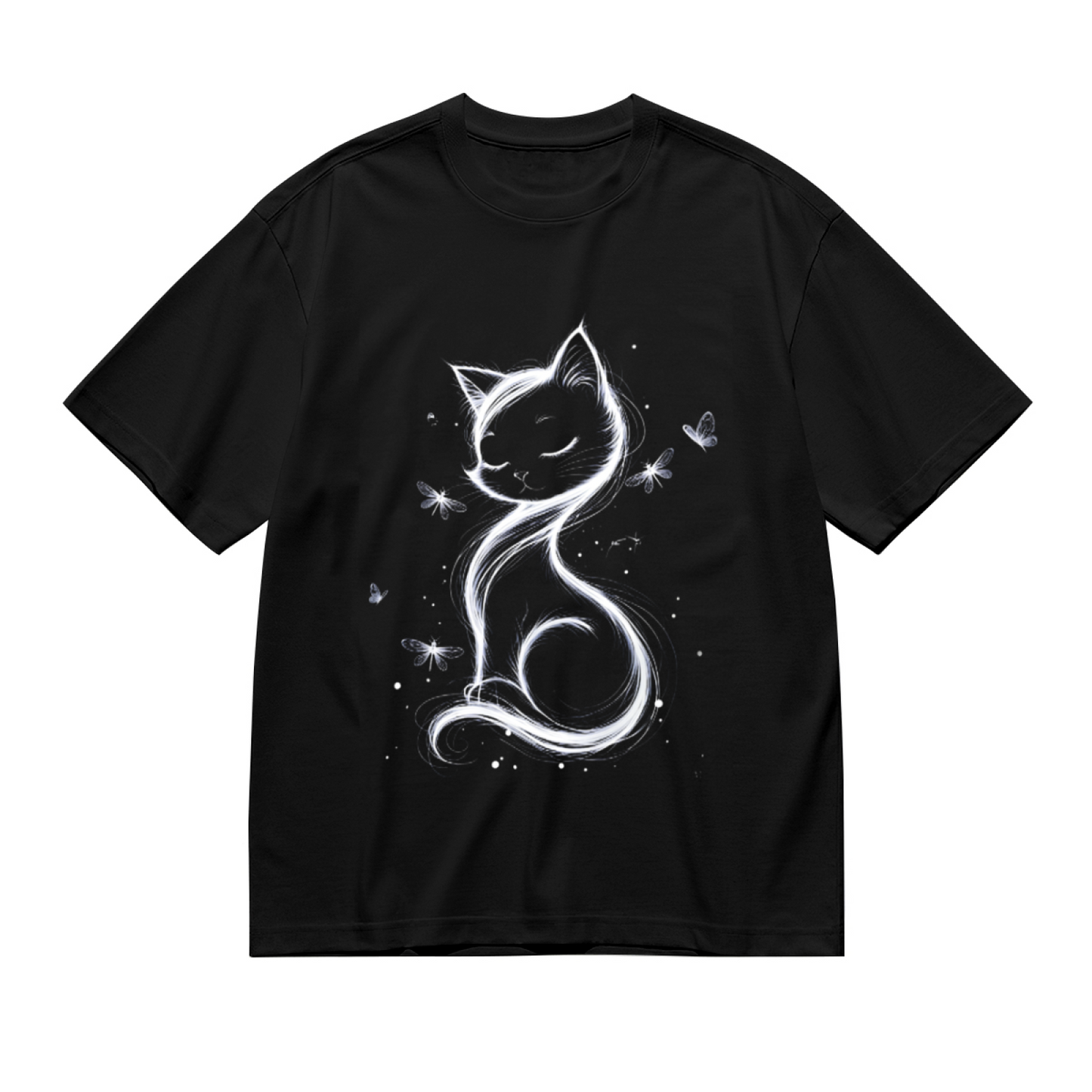 Dreamy Glowing White Cat & Butterflies Print Plus Size Women T-Shirt