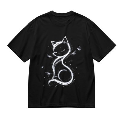 Dreamy Glowing White Cat & Butterflies Print Plus Size Women T-Shirt