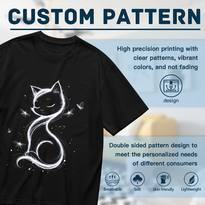 Dreamy Glowing White Cat & Butterflies Print Plus Size Women T-Shirt