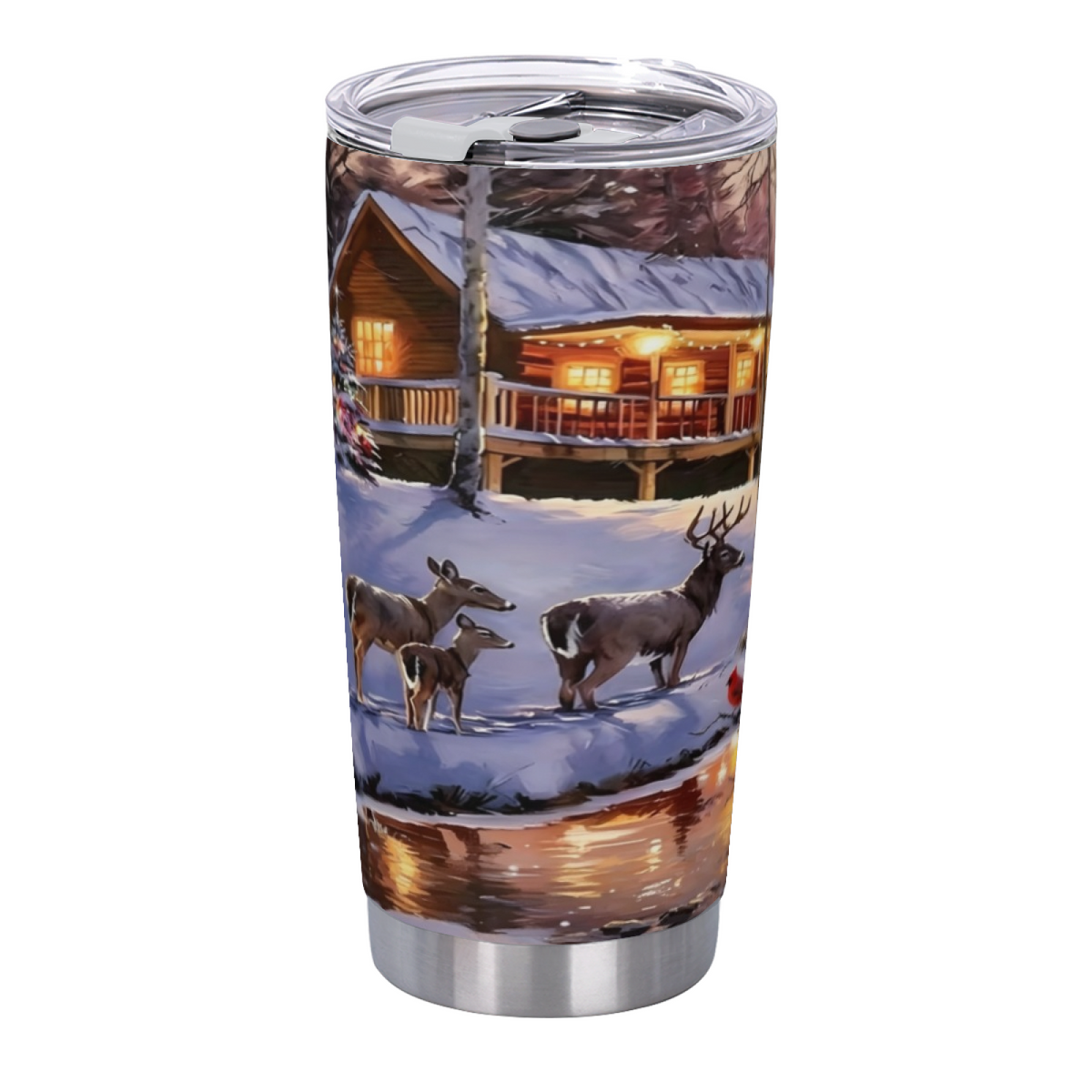 Snowy Winter Log Cabin Wild Deer Forest 20oz Tumbler