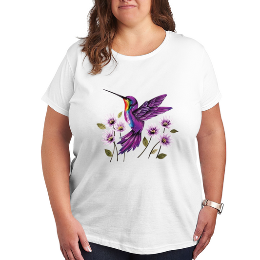 Dreamy Purple Hummingbird Daisy Art Print Plus Size Ladies Short Sleeve Tee