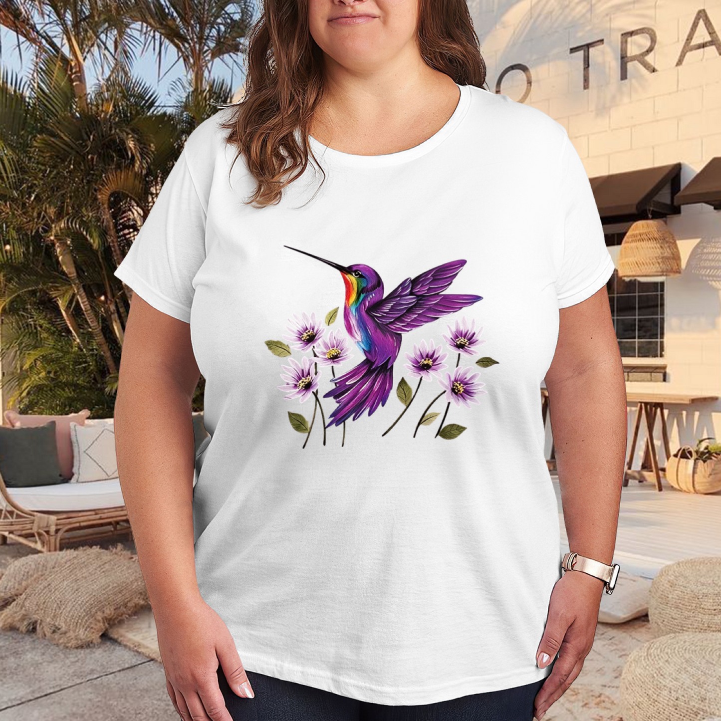 Dreamy Purple Hummingbird Daisy Art Print Plus Size Ladies Short Sleeve Tee
