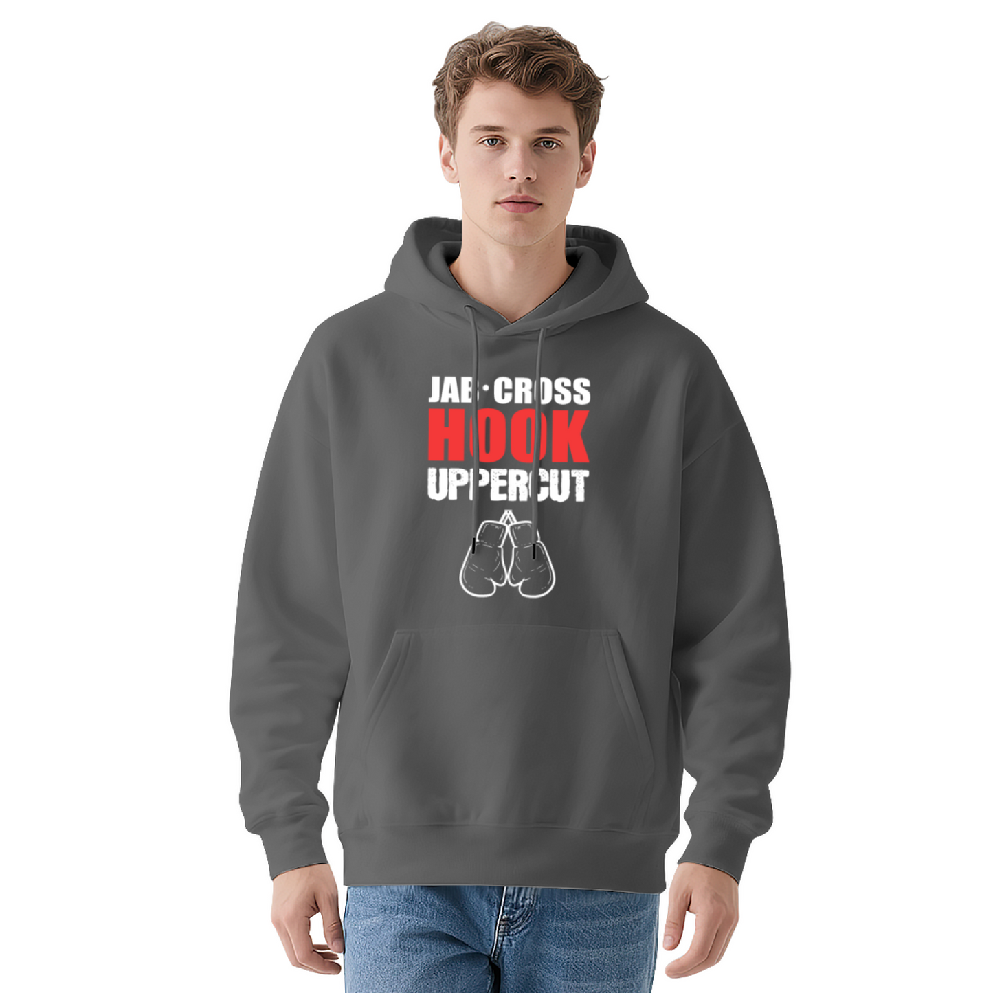 Jab Cross Hook Boxing Gray Hoodie, Sporty Comfortable Style