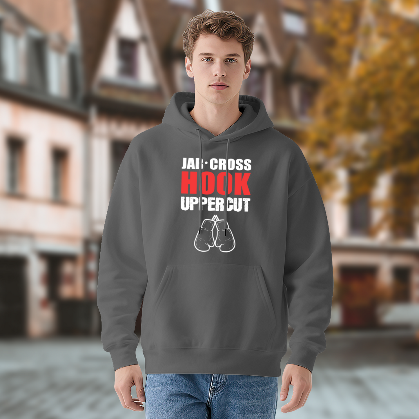Jab Cross Hook Boxing Gray Hoodie, Sporty Comfortable Style